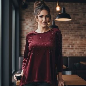 Quacker Factory  Wine Red Hi-low Velvet Top with Crystal Bling Embellishments